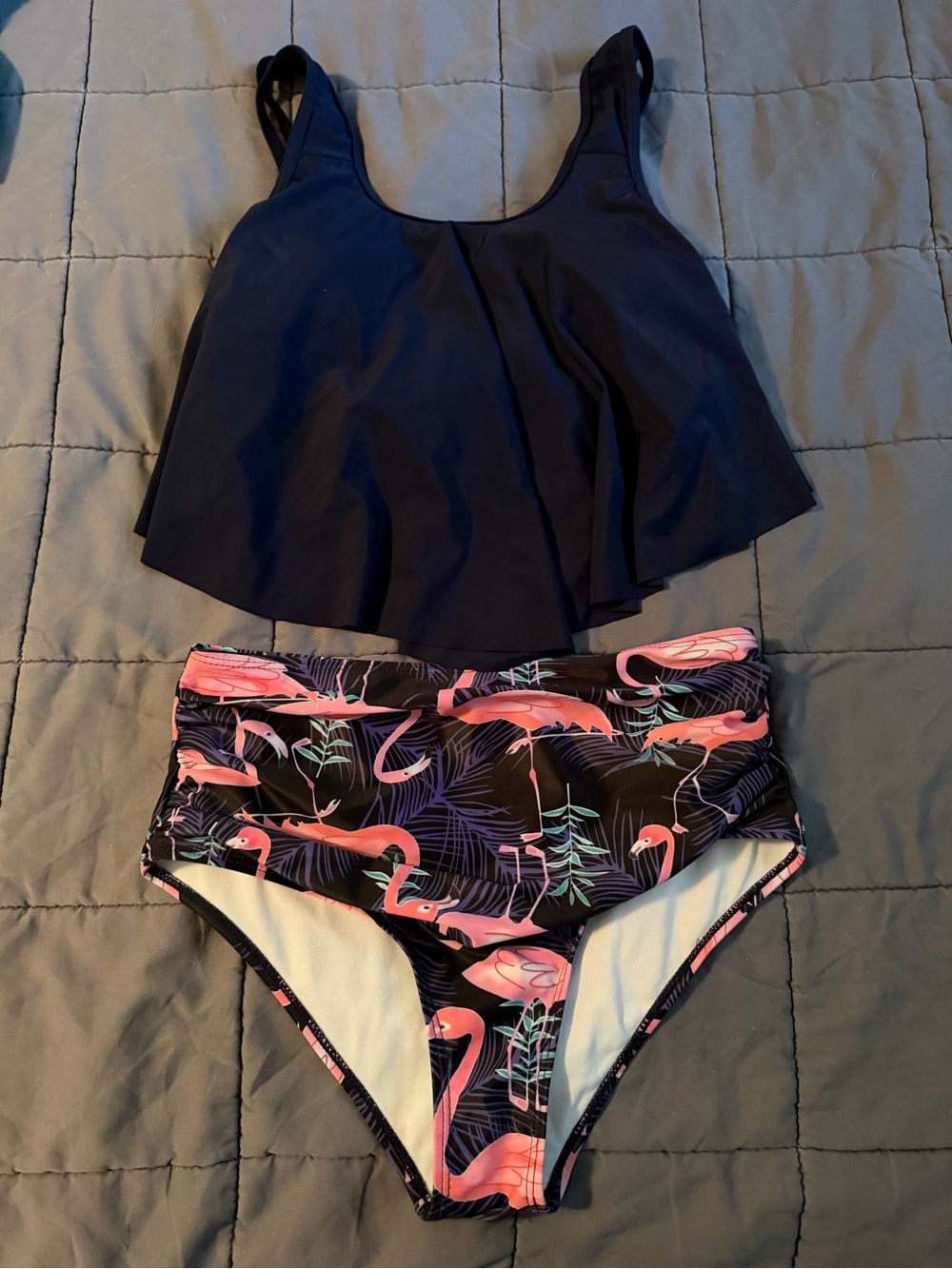 Amazon Navy Tankini Top with Pink Flamingo Print Bikini Bottoms